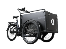 Load image into Gallery viewer, Product image of the Bimas eCargo 3.3 Premium electric cargo bike, shown from the right hand side. The bike frame and cargo box are both black. This image shows the hinged door on the front of the cargo box.