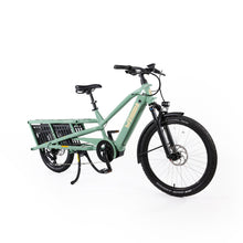 Load image into Gallery viewer, A product image of the Yuba Spicy Curry V4 electric longtail cargo bike. The frame colour is Lunar (a pale green colour) and the bike is in its basic set up, with no accessories attached.