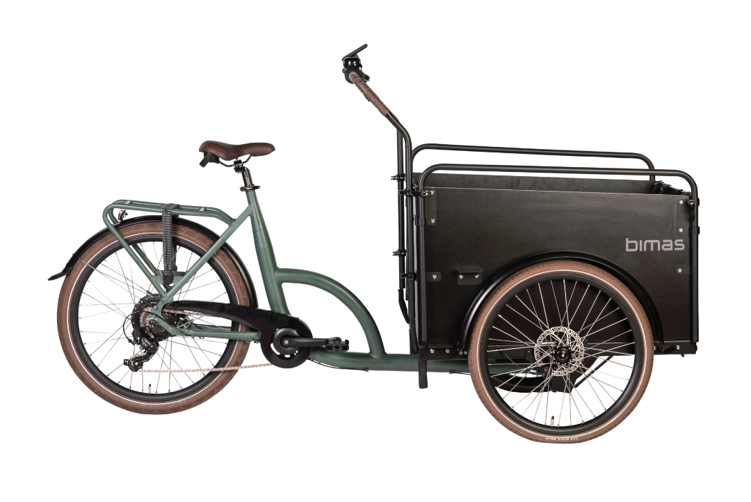 A product image of the Bimas eCargo 3.3 Economy electric cargo bike, showing the side of the cargo bike.
