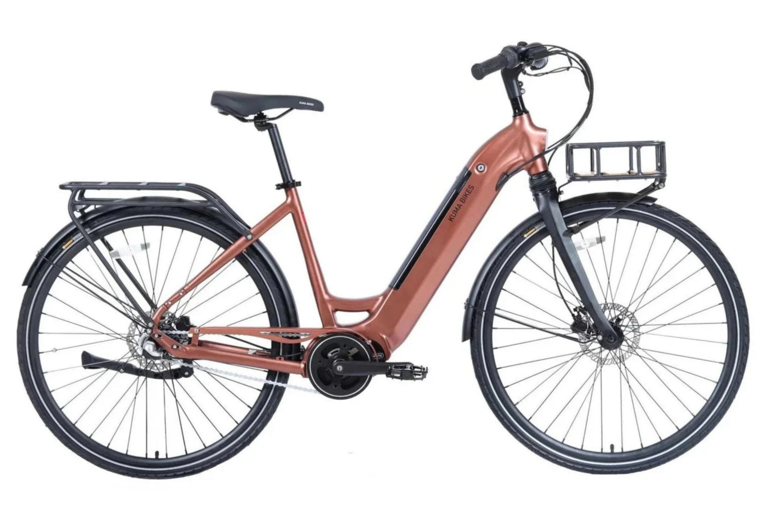 Product image of the Kuma S1 electric bike with a matt copper bronze frame colour. The bike is pictured from the side against a white background.
