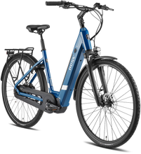 Load image into Gallery viewer, Product image of the BESV CT 2.3 electric bike with the step-through frame variant, in the colour denim blue, shown from the front right of the bike.