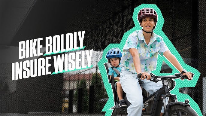 A photo of a woman cycling her bike with a child in the carrier on the back. The text overlaid on the photo reads, Bike Boldly, Insure Wisely