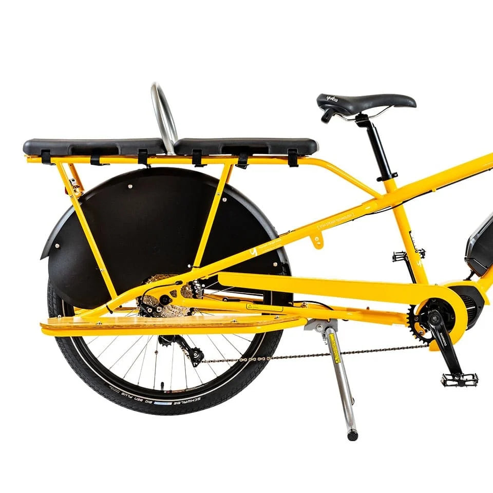 A photo of a Yuba soft spot on the back of a Yuba spicy curry cargo bike.