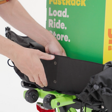 Load image into Gallery viewer, A product picture of the Yuba DRS Bags attached to the rear carrier of the Yuba Fastrack electric longtail cargo bike. This photo shows the bags being used in the a cargo bike type capacity.