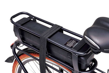 Load image into Gallery viewer, A product image of the Veloci Spirit electric bike from LeaseBike showing the detail of the rear carrier rack and the electric battery.
