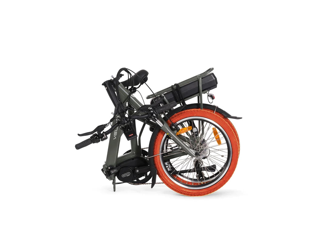 A product image of the Veloci Hopper folding electric bike from LeaseBike by Bleeper, showing the bike in its folded position against a white background.