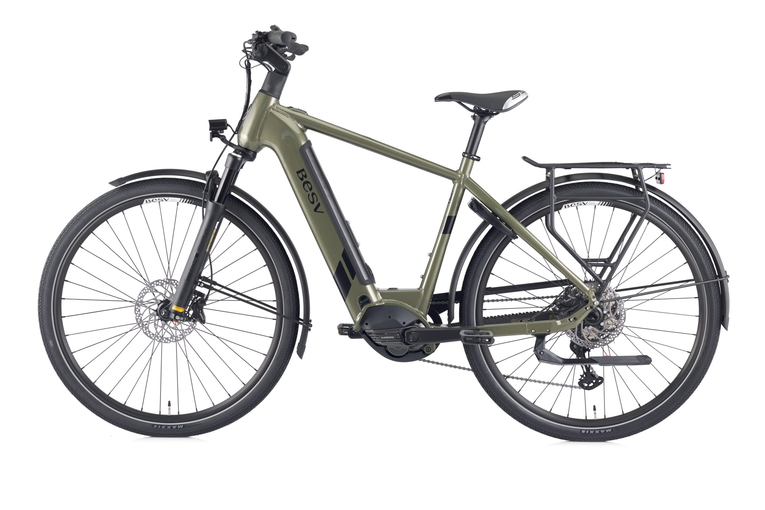 A product image of the BESV TR 1.1 electric bike, with the crossbar frame variant, taken from the left side. 