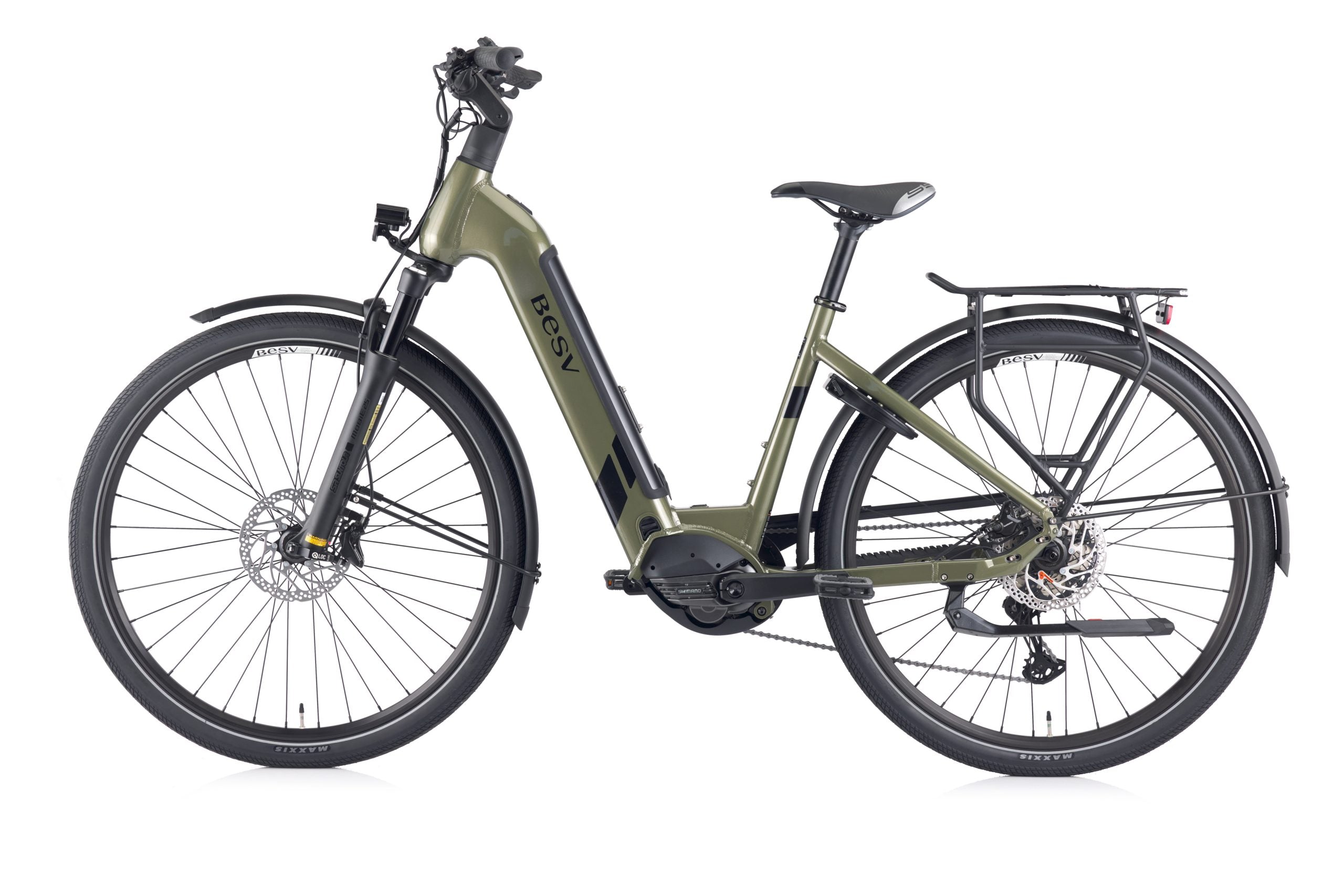 A product image of the BESV TR 1.1 electric bike, with the low-step frame variant, taken from the left side. 