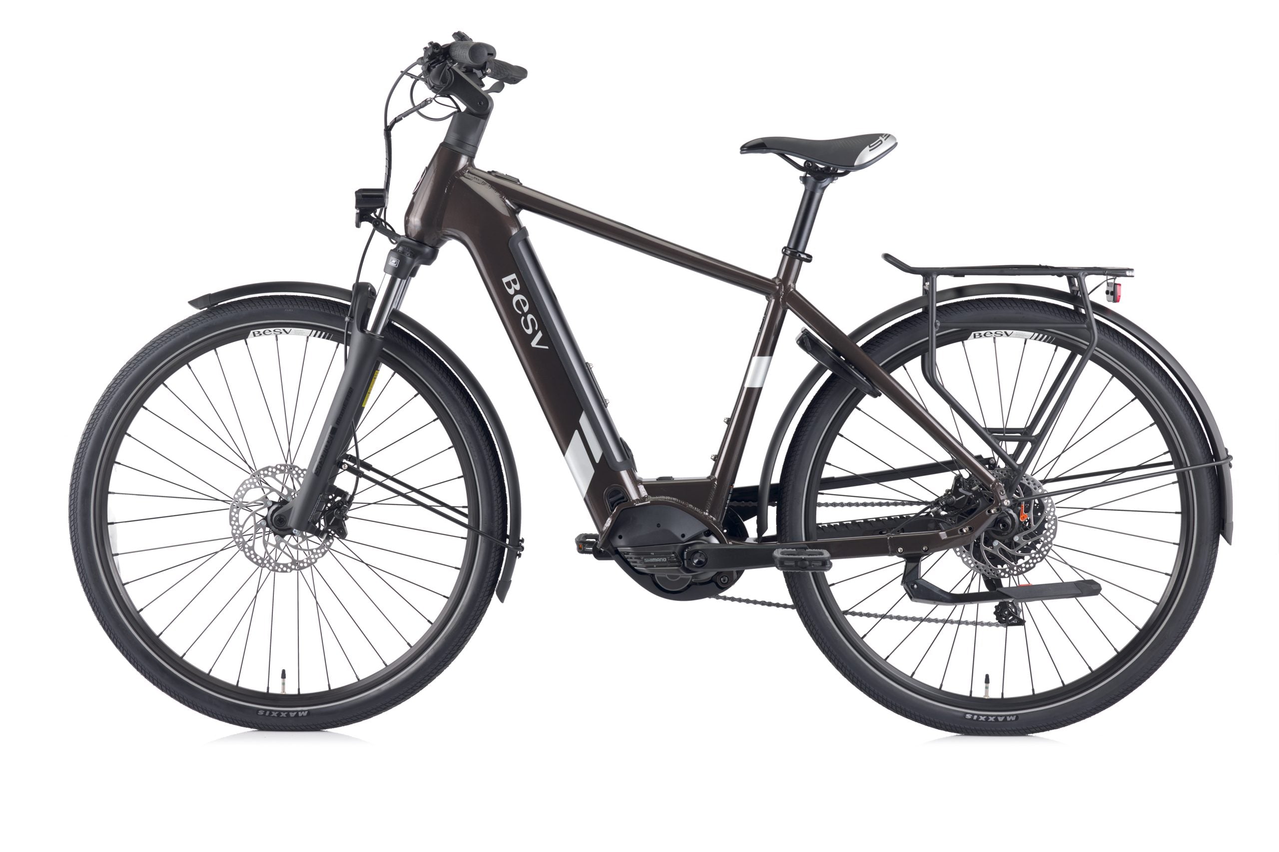 A product image of the BESV TR 1.3 electric bike, with the crossbar frame variant, taken from the left side. 