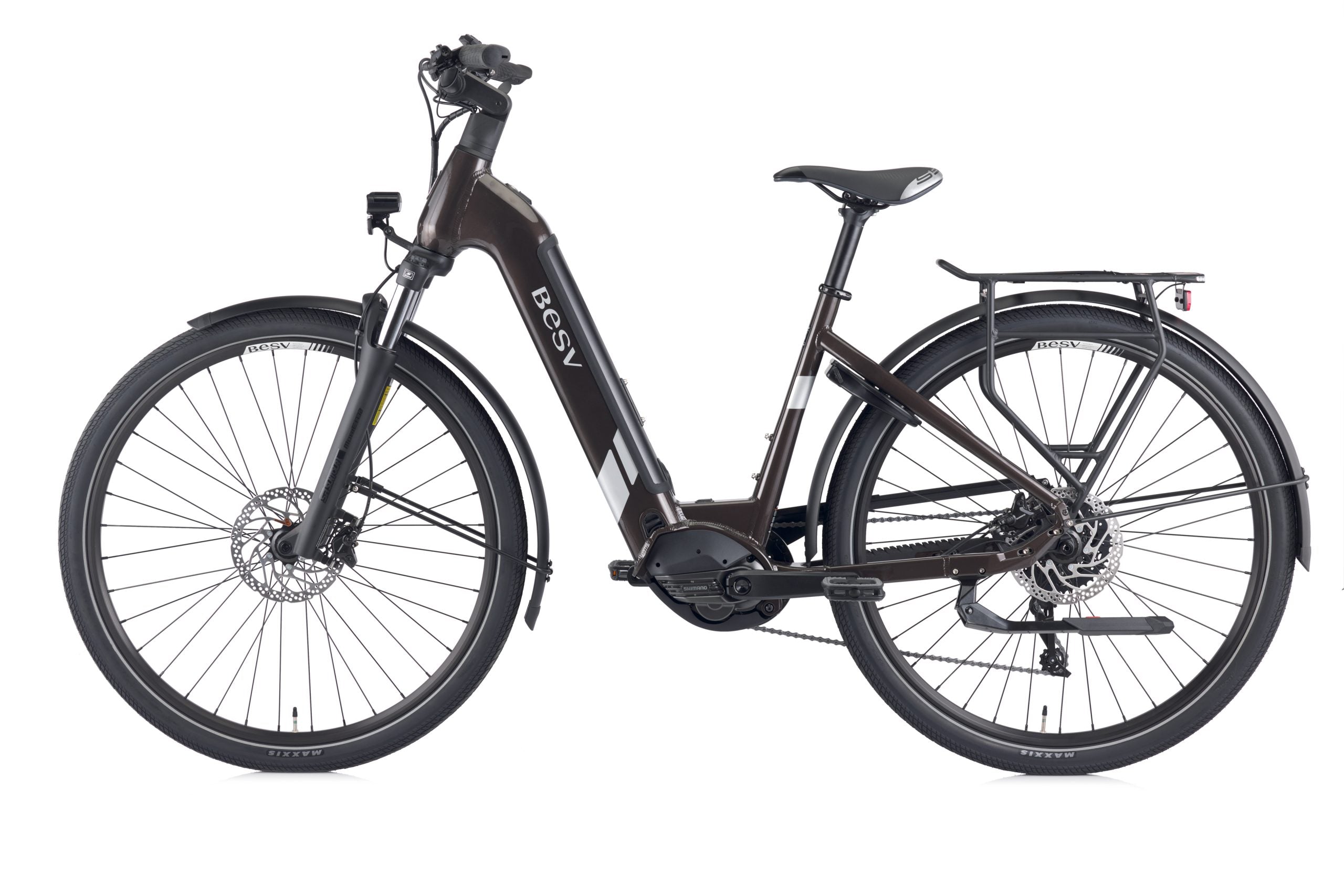 A product image of the BESV TR 1.3 electric bike, with the low-step frame variant, taken from the left side. 