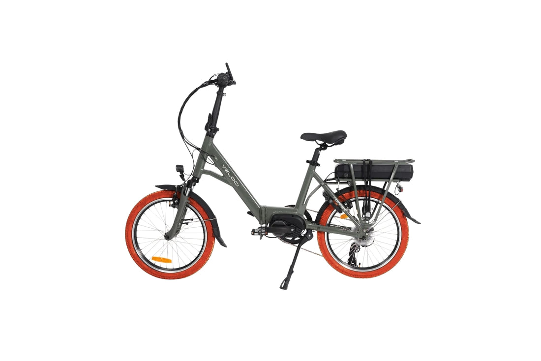 A product image of the Veloci Hopper folding electric bike from LeaseBike by Bleeper, showing the left side of the bike against a white background.