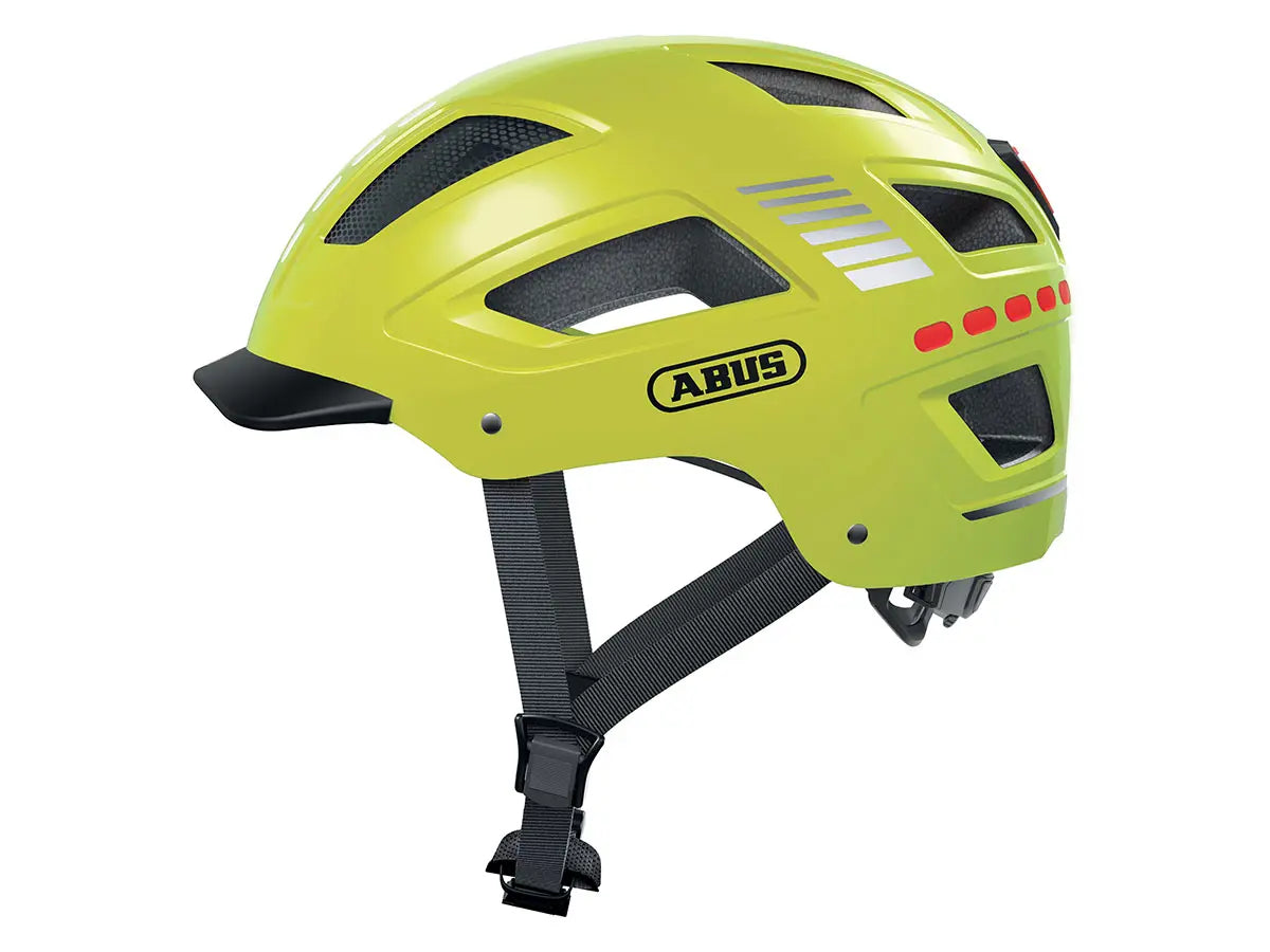 Yellow helmet with Abus logo on a white background