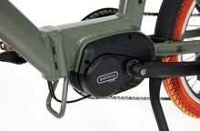 Load image into Gallery viewer, A product image of the Veloci Hopper folding electric bike from LeaseBike, showing a close-up detail of the Bafang M300 mid-drive electric motor which is positioned at the bottom bracket of the bike, in between the pedals. 
