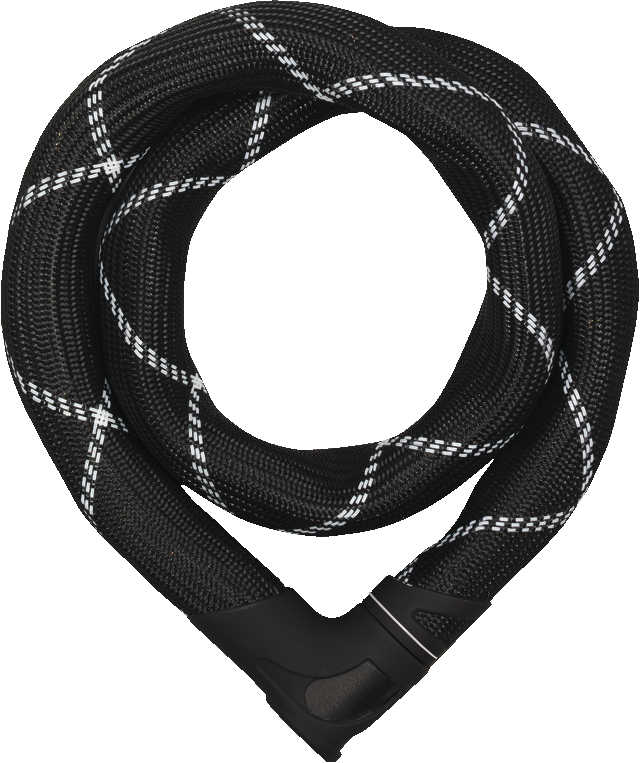 Black braided bicycle lock on a white background