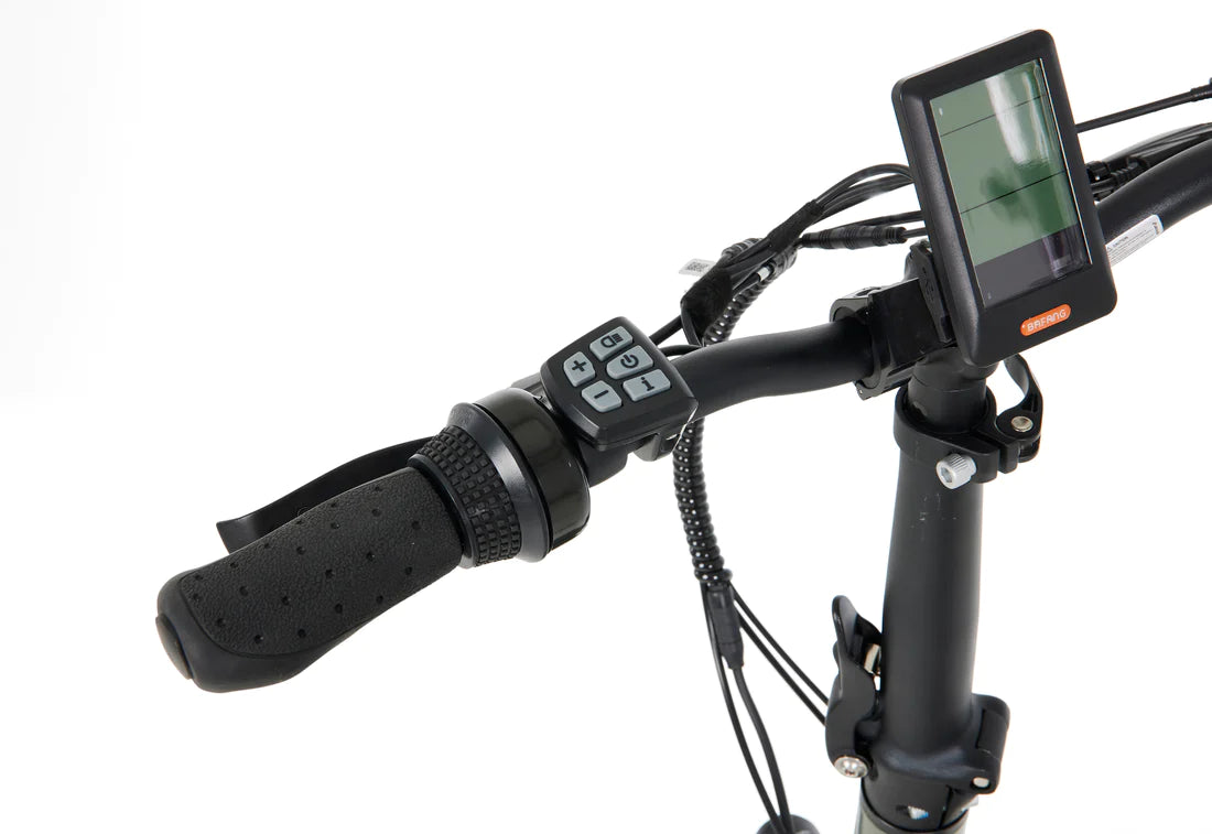 A product image of the Veloci Hopper folding electric bike from LeaseBike, showing a close-up of the handlebars with the controls and display unit for the electric assist. 