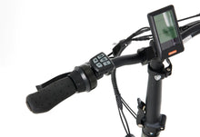 Load image into Gallery viewer, A product image of the Veloci Hopper folding electric bike from LeaseBike, showing a close-up of the handlebars with the controls and display unit for the electric assist. 
