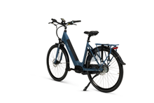 Load image into Gallery viewer, A product image of a Veloci Solid electric bike. The photo is taken at an angle against a white background, displaying all the features on the lefthand side of the electric bike. The electric bike has a dark blue frame, the colour is called &quot;Eclipse Blue.&quot; 
