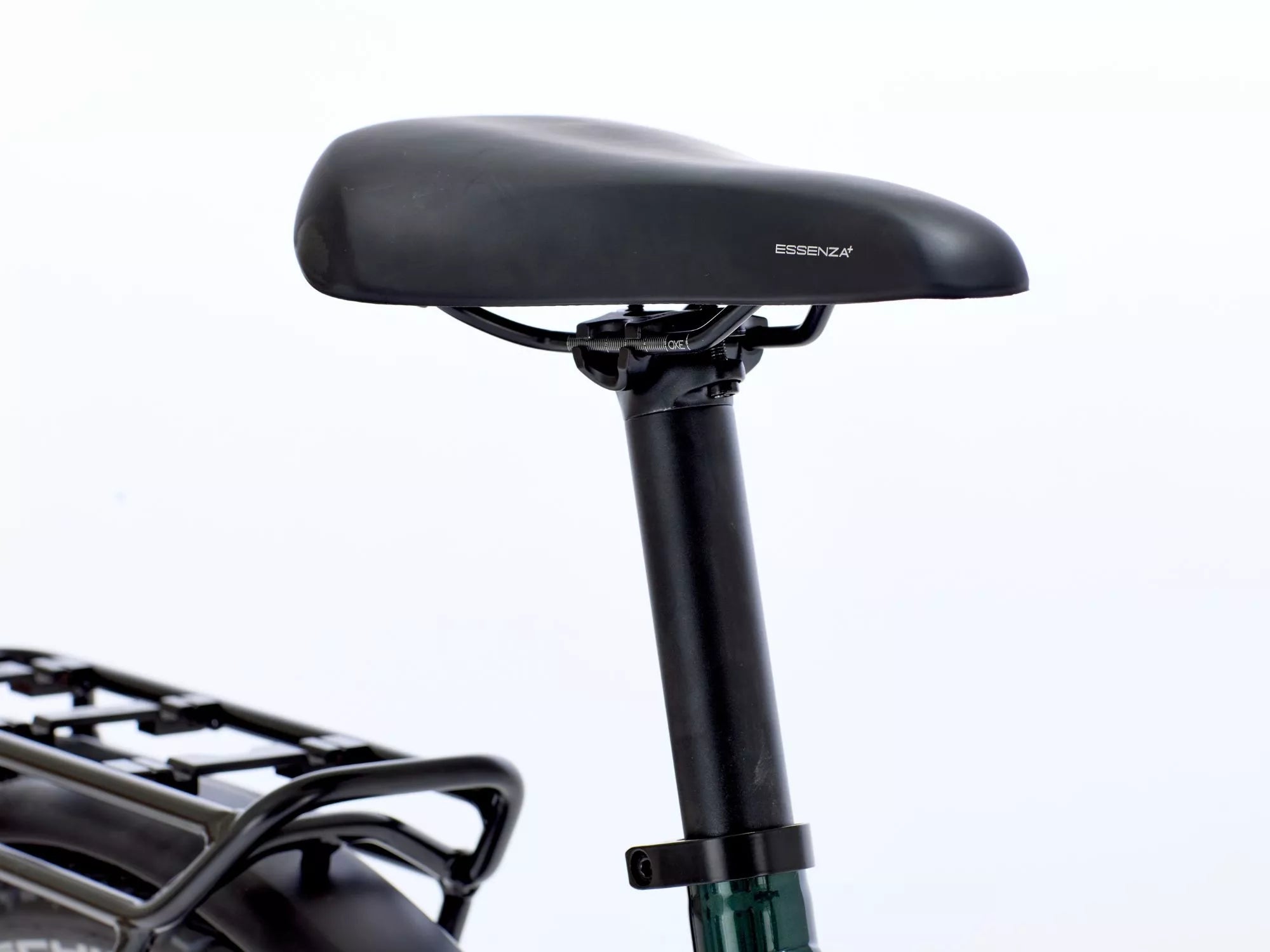 E-bike seat with a black seat post on a white background.