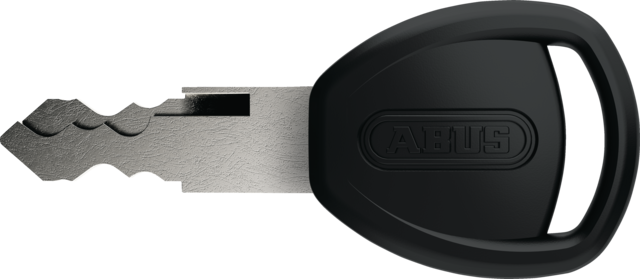 Bike lock key with black casing and metallic blade on a white background
