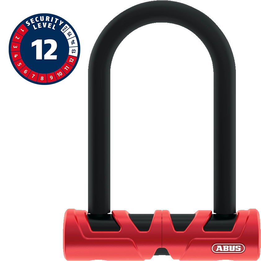 A product image of the Abus Ultimate 420 U-Lock or D-Lock or Shackle Lock along with the security rating of 12 out of a possible 15. 