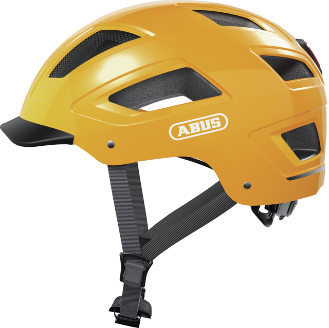 A product image of the Abus Hyban 2.0 cycle safety helmet, showing the colour option for Iconic Yellow.