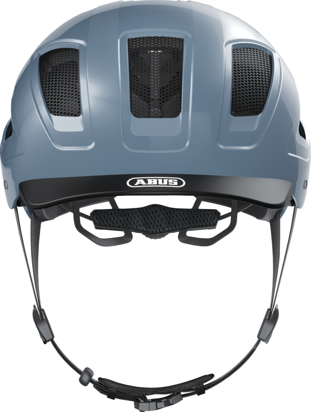 A product image of the Abus Hyban 2.0 cycle safety helmet, showing the colour option for Glacier Blue, from the front of the helmet.