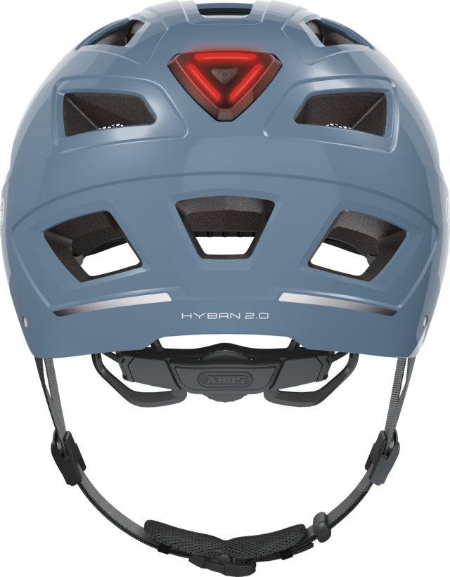 A product image of the Abus Hyban 2.0 cycle safety helmet, showing the colour option for Glacier Blue, from the back of the helmet, also showing the rear-facing LED light.