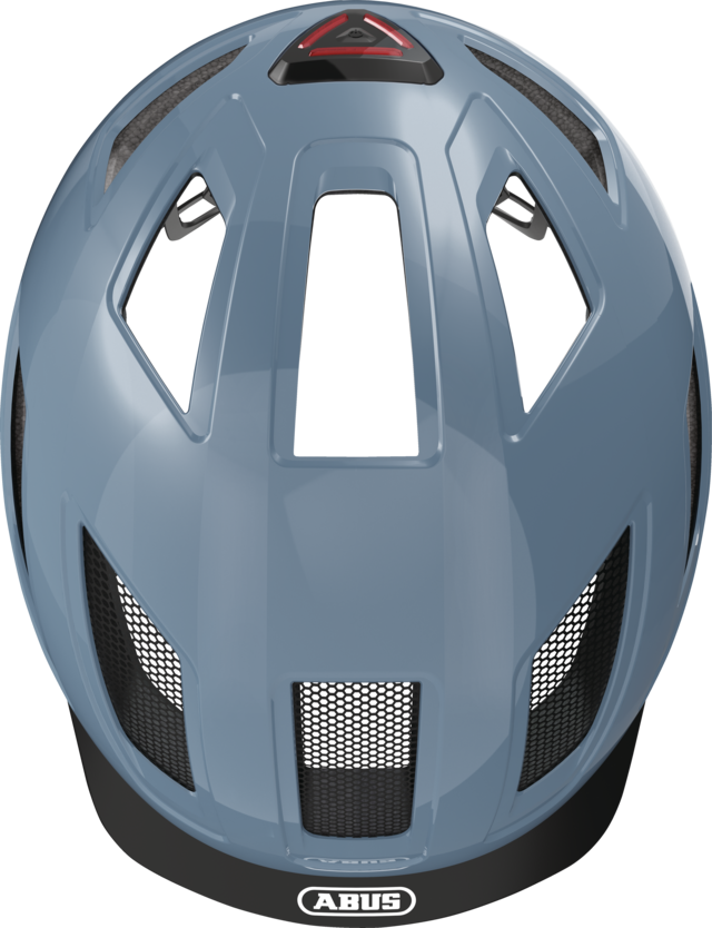 A product image of the Abus Hyban 2.0 cycle safety helmet, showing the colour option for Glacier Blue, from the top of the helmet.