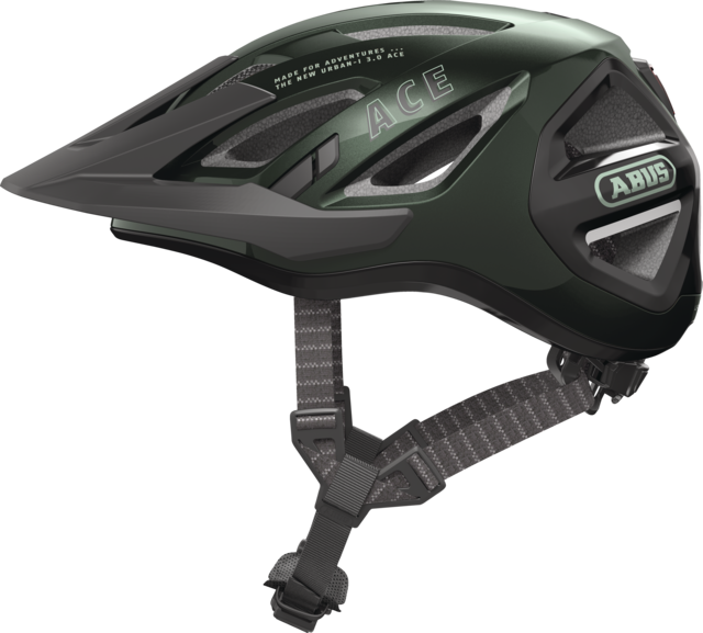 Abus Urban-I 3.0 cycle helmet product image. This view shows the side the of helmet, with the moss green colour variant.