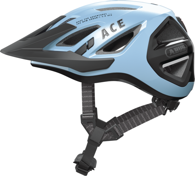 Abus Urban-I 3.0 cycle helmet product image. This view shows the side the of helmet, with the iced blue colour variant.