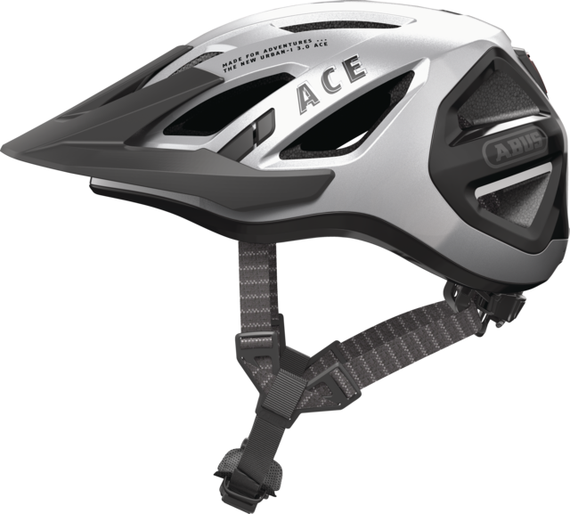 Abus Urban-I 3.0 cycle helmet product image. This view shows the side the of helmet, with the gleam silver colour variant.