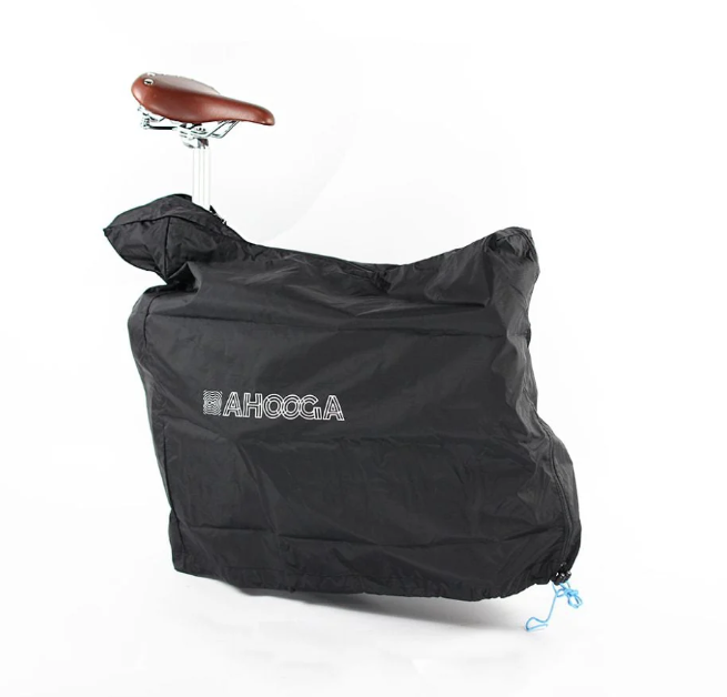 A product image of the Ahooga Transport Cover, which is made of black nylon with a white Ahooga logo on the side. The cover is for folding Ahooga ebikes when they are being brought on public transport. This photo shows a folded Ahooga bike inside the cover, with the saddle protruding at the top. 