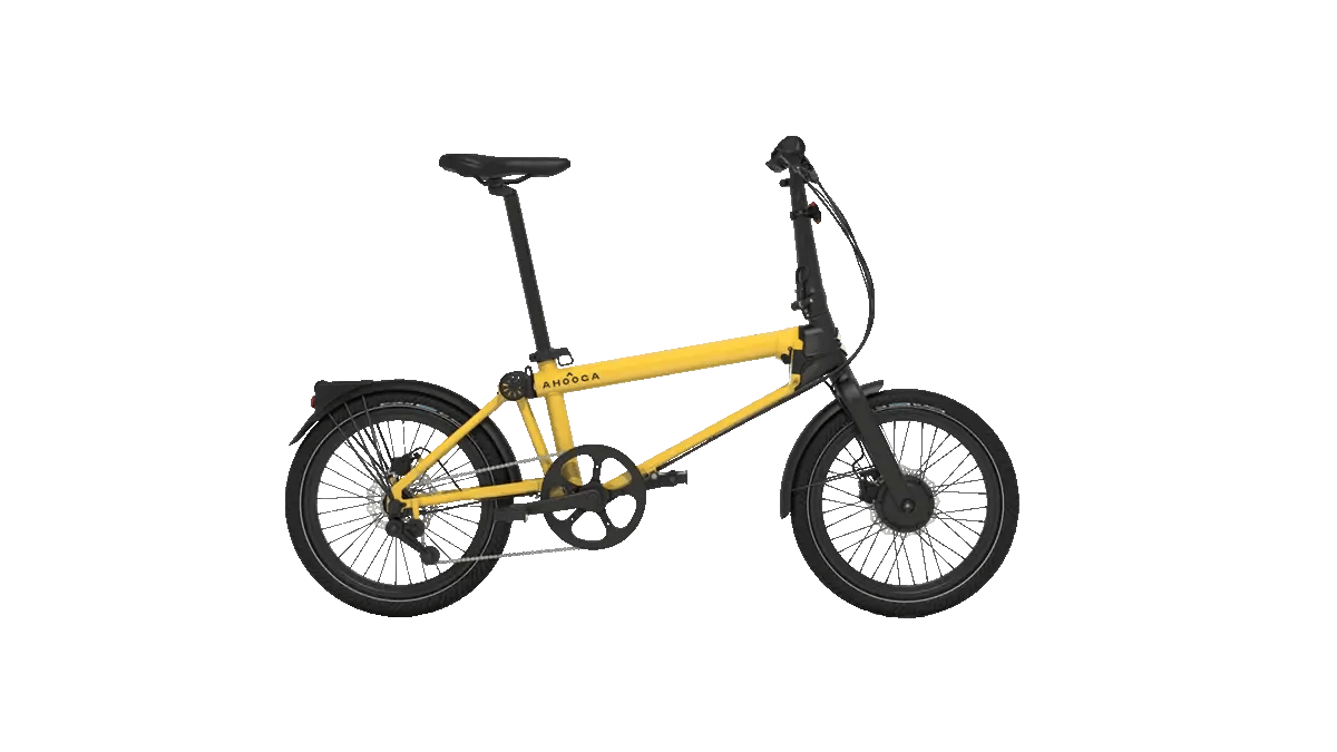 An animated gif of the Ahooga Max folding electric bike showing the various accessories which can be attached to the bike, including a rear rack, a rear bag, and a front pouch. The bike frame is bumblebee yellow with black accents. The Ahooga Max folding electric bike is available to buy from Bleeper.