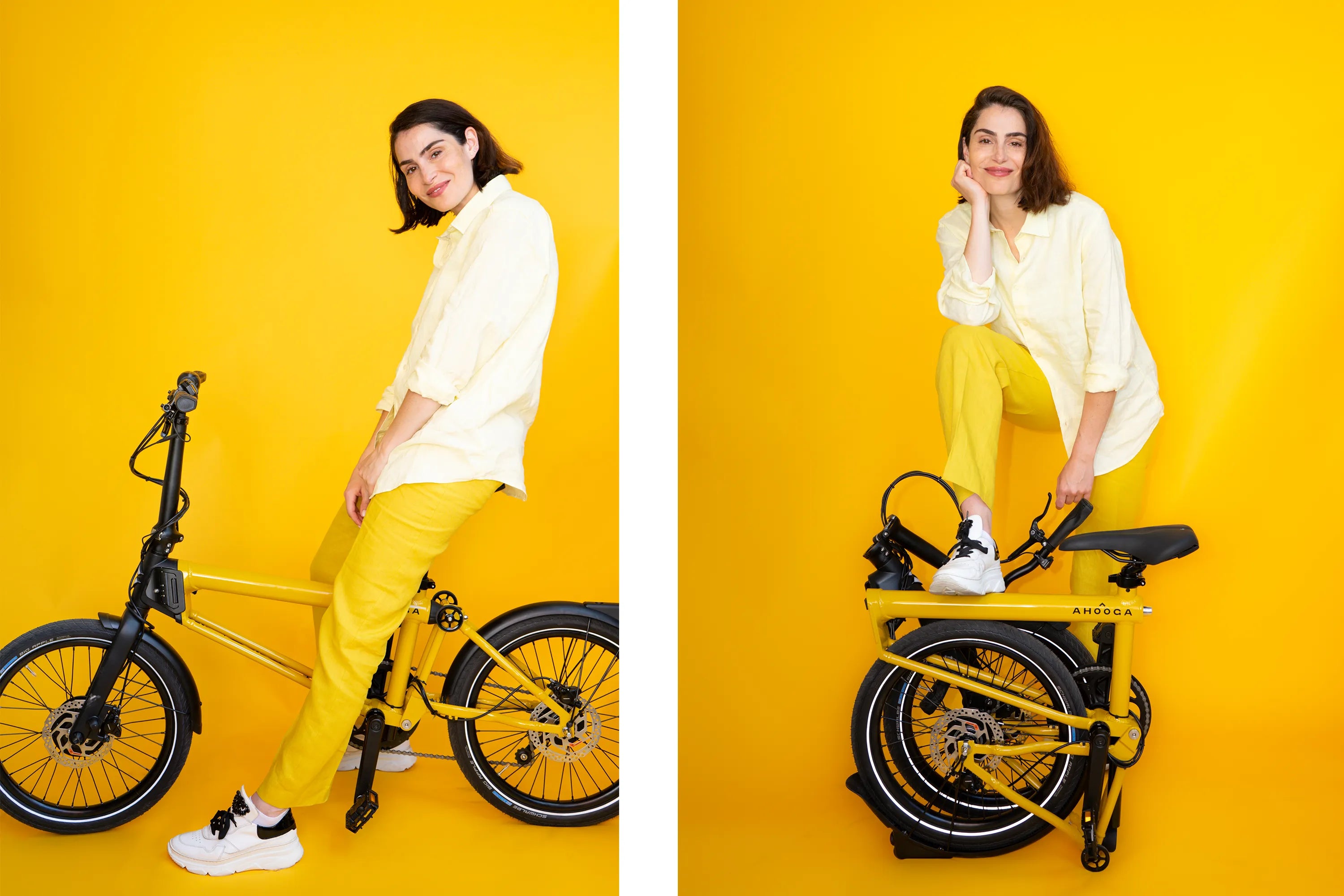 A product image of the Ahooga Max folding electric bike featuring a female model with the bike shown in both its fully open and fully folded configurations.. The bike frame is bumblebee yellow with black accents. The Ahooga Max folding electric bike is available to buy from Bleeper.