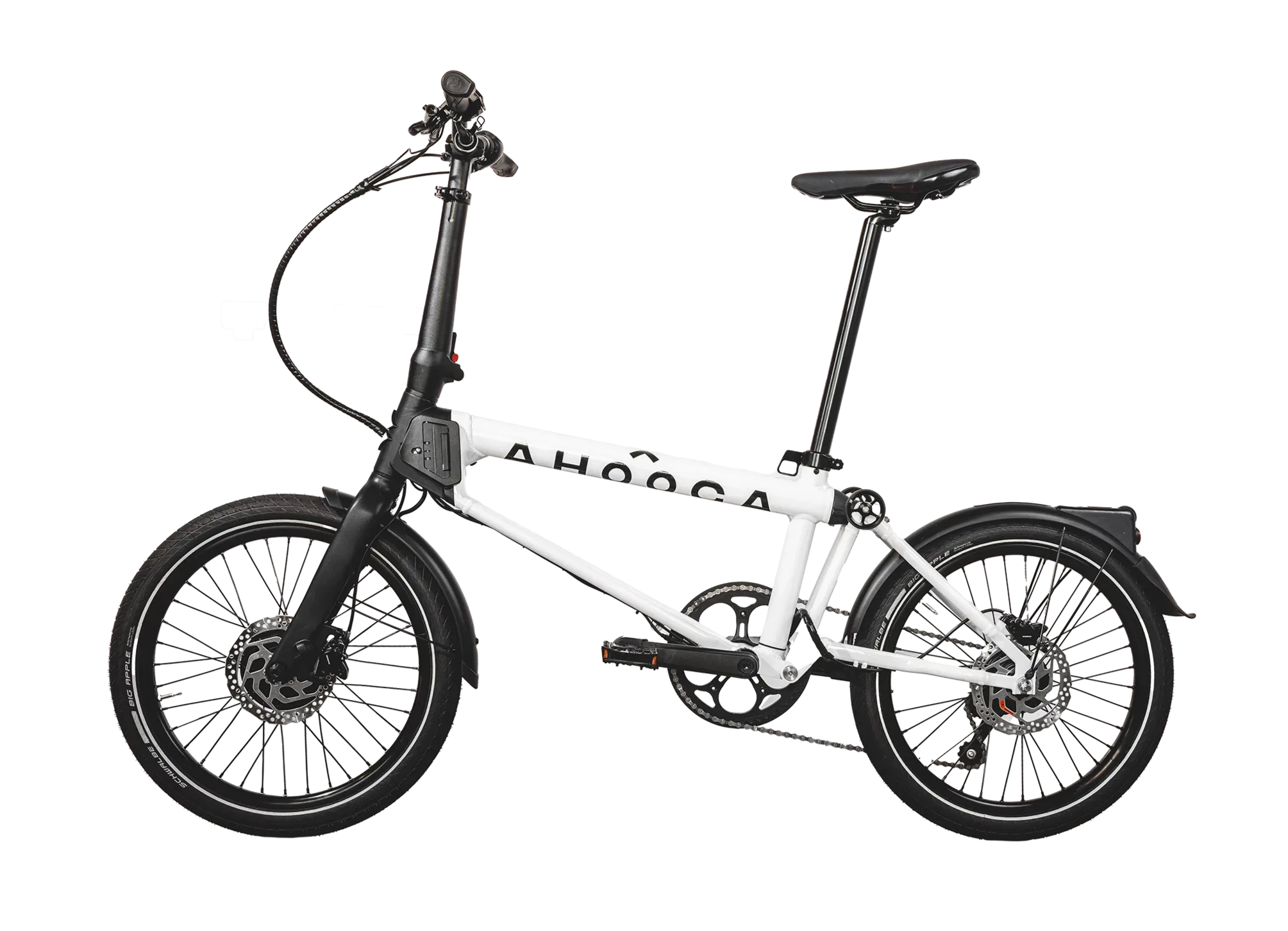 A product image of the Ahooga Max folding electric bike showing the left side of the bike. The bike frame is white with black accents. The Ahooga Max folding electric bike is available to buy from Bleeper.