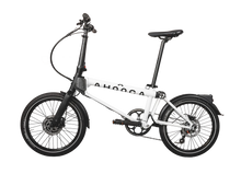 Load image into Gallery viewer, A product image of the Ahooga Max folding electric bike showing the left side of the bike. The bike frame is white with black accents. The Ahooga Max folding electric bike is available to buy from Bleeper.
