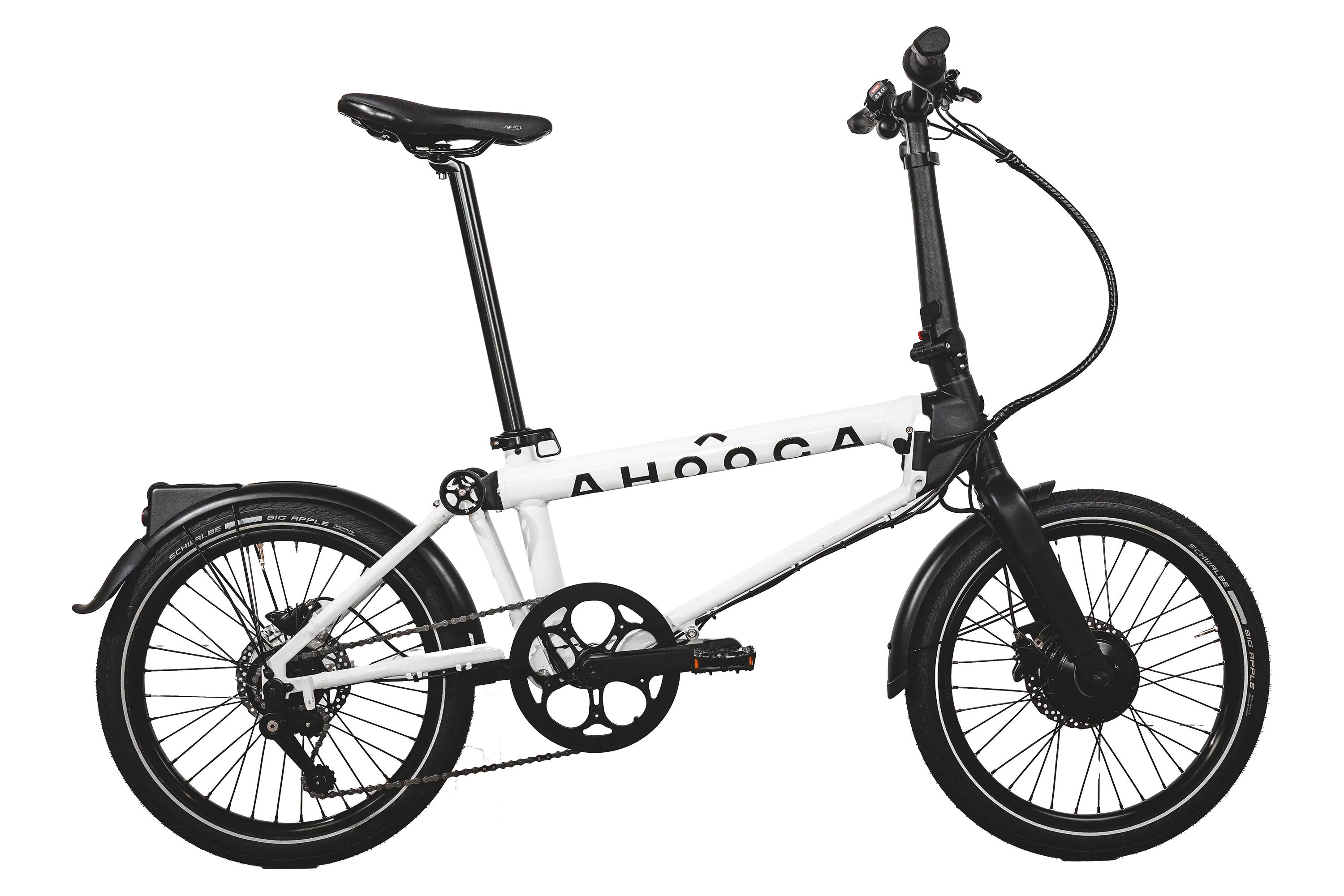 A product image of the Ahooga Max folding electric bike showing the right side of the bike. The bike frame is white with black accents. The Ahooga Max folding electric bike is available to buy from Bleeper.