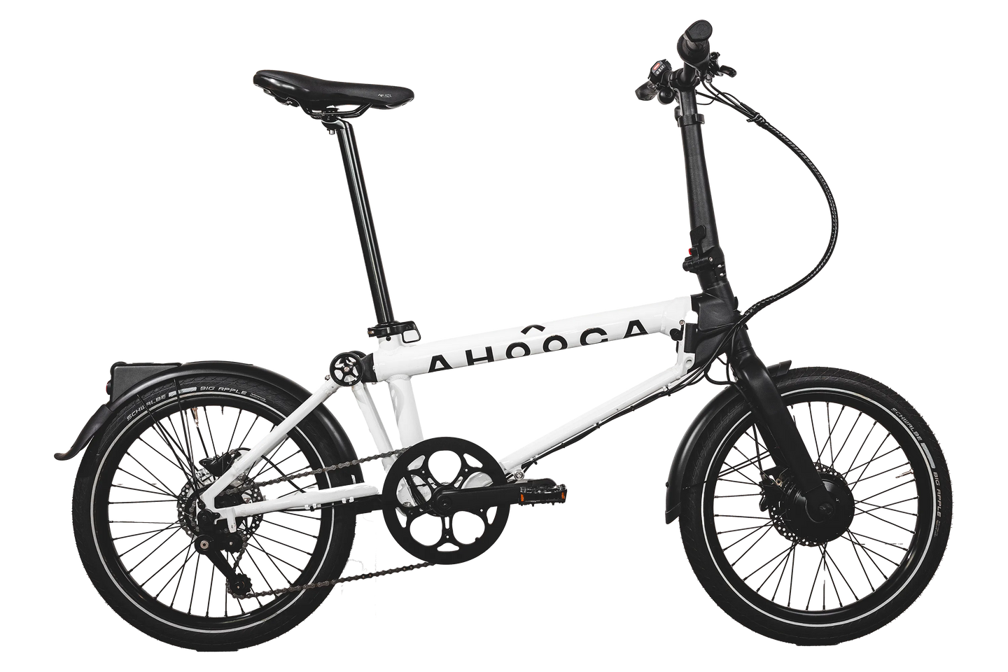 A product image of the Ahooga Max folding electric bike showing the right side of the bike. The bike frame is white with black accents. The Ahooga Max folding electric bike is available to buy from Bleeper.