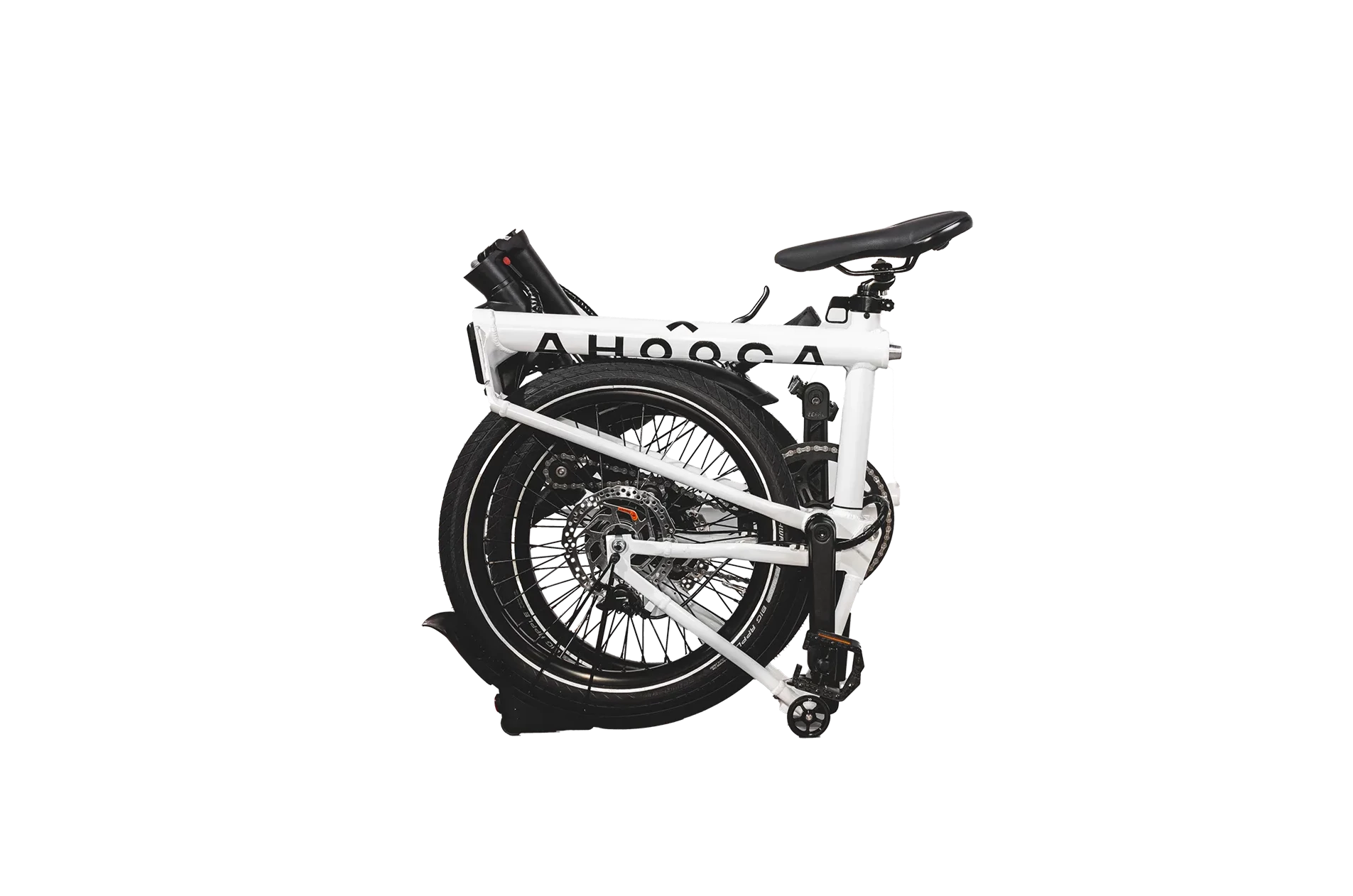 A product image of the Ahooga Max folding electric bike showing the bike in its fully folded configuration. The bike frame is white with black accents. The Ahooga Max folding electric bike is available to buy from Bleeper.