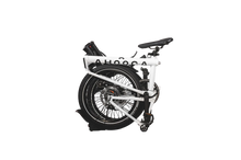 Load image into Gallery viewer, A product image of the Ahooga Max folding electric bike showing the bike in its fully folded configuration. The bike frame is white with black accents. The Ahooga Max folding electric bike is available to buy from Bleeper.
