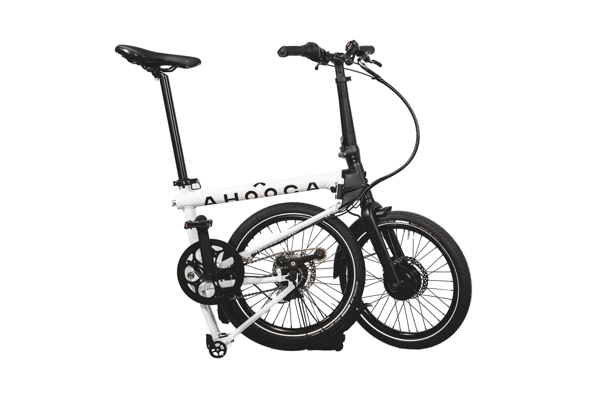 A product image of the Ahooga Max folding electric bike showing the bike in its half-folded configuration. The bike frame is white with black accents. The Ahooga Max folding electric bike is available to buy from Bleeper.