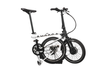 Load image into Gallery viewer, A product image of the Ahooga Max folding electric bike showing the bike in its half-folded configuration. The bike frame is white with black accents. The Ahooga Max folding electric bike is available to buy from Bleeper.
