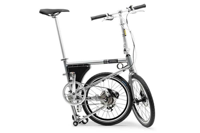 A product image of the Ahooga Power 36V folding electric bike showing the bike in its half-folded configuration. The bike's frame colour is grey. The Ahooga Power 36V folding electric bike is available to buy from Bleeper.