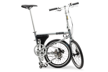 Load image into Gallery viewer, A product image of the Ahooga Power 36V folding electric bike showing the bike in its half-folded configuration. The bike&#39;s frame colour is grey. The Ahooga Power 36V folding electric bike is available to buy from Bleeper.
