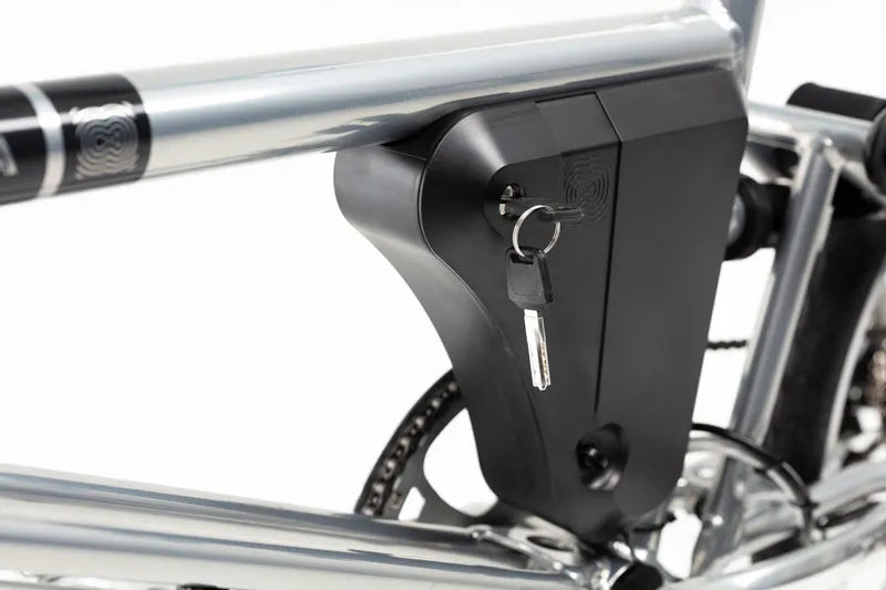 A product image of the Ahooga Power 36V folding electric bike showing a close-up of the battery box which contains the 36V battery. The Ahooga Power 36V folding electric bike is available to buy from Bleeper.