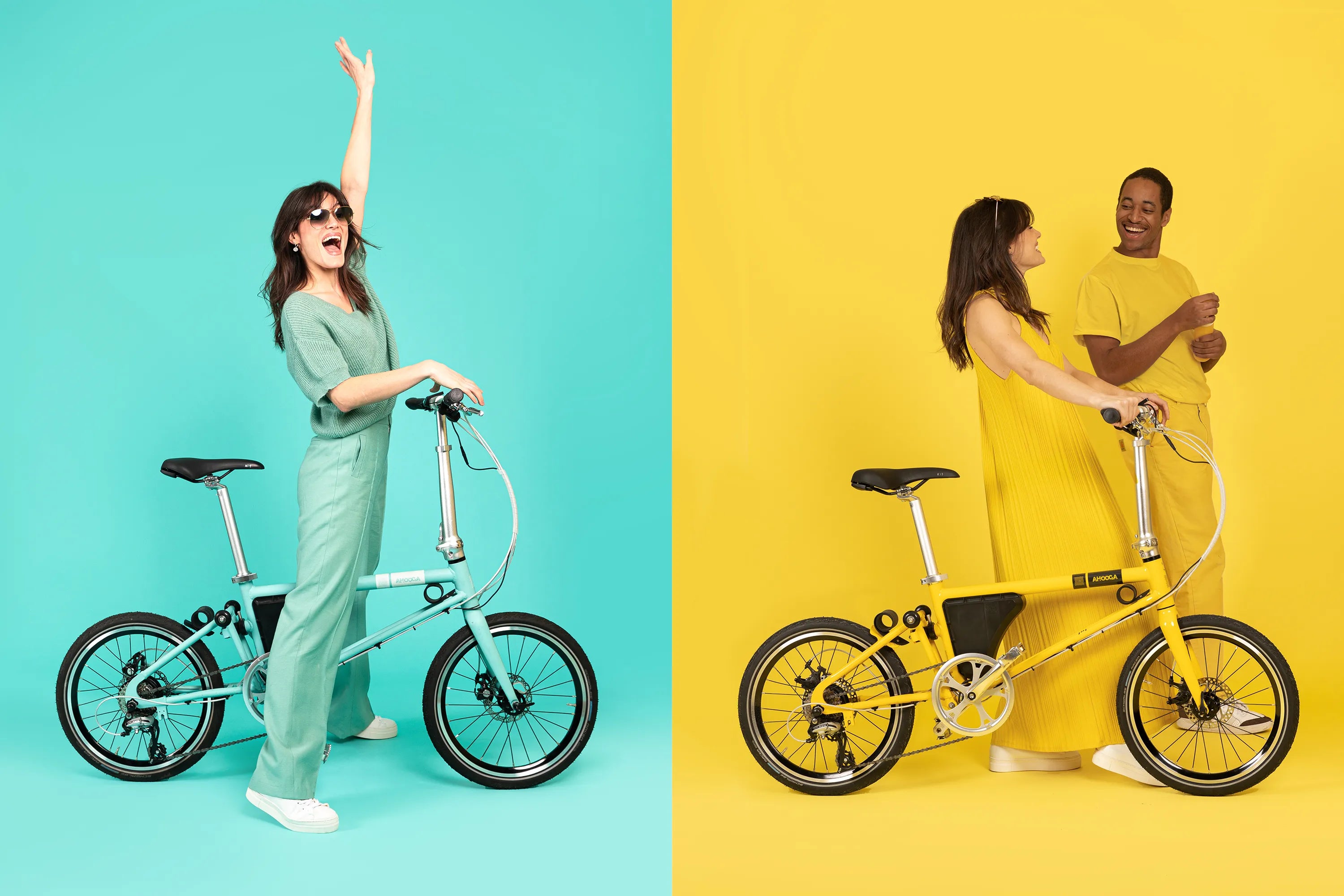 Combined product image showing the Ahooga Power 36V folding electric bike in turquoise and yellow frame colour options. The Ahooga Power 36V electric bike is available to buy from Bleeper. 