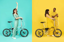 Load image into Gallery viewer, Combined product image showing the Ahooga Power 36V folding electric bike in turquoise and yellow frame colour options. The Ahooga Power 36V electric bike is available to buy from Bleeper. 
