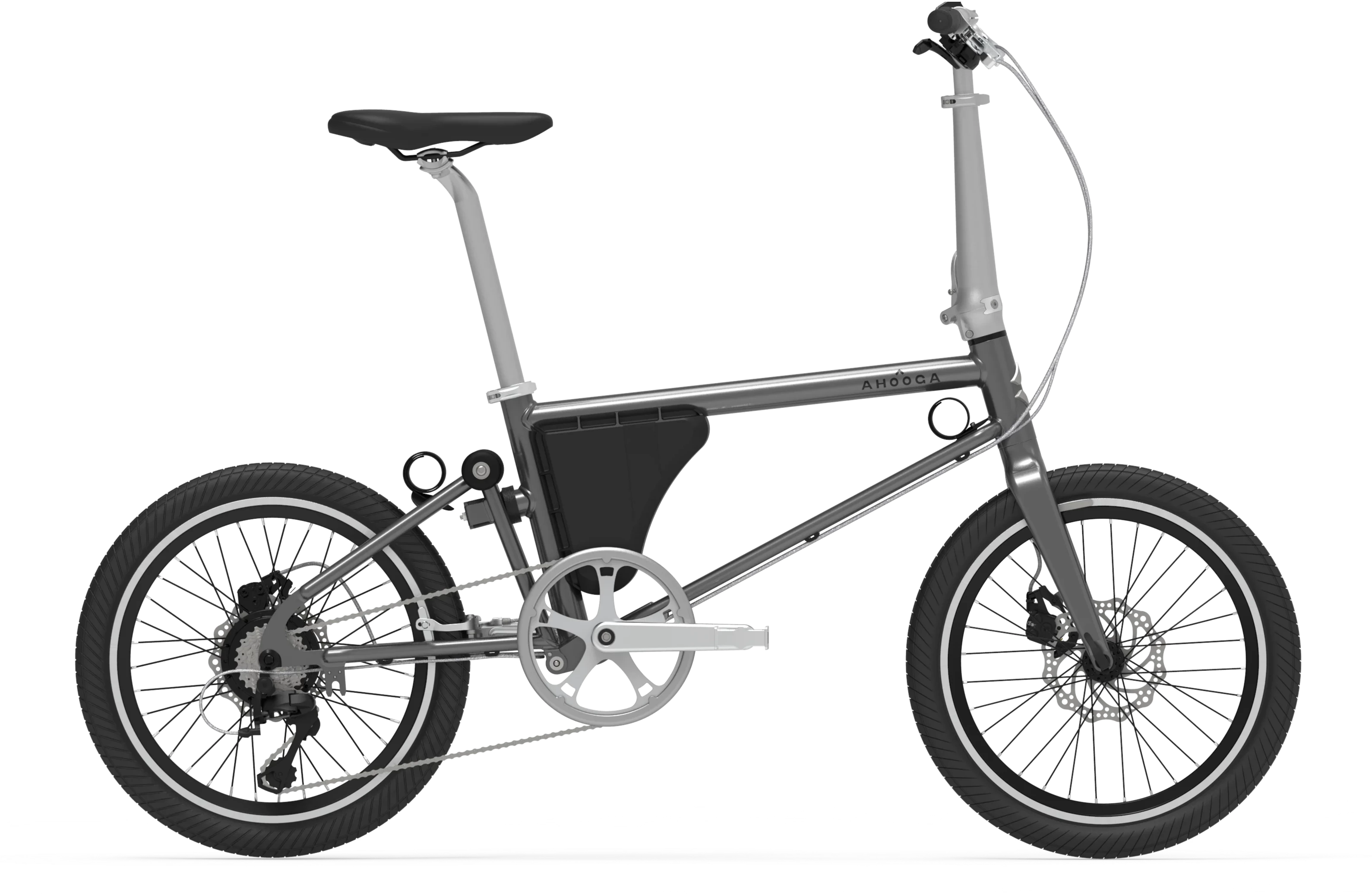 A product image of the Ahooga Power 36V folding electric bike showing the right side of the bike. The bike's frame colour is grey. The Ahooga Power 36V folding electric bike is available to buy from Bleeper.