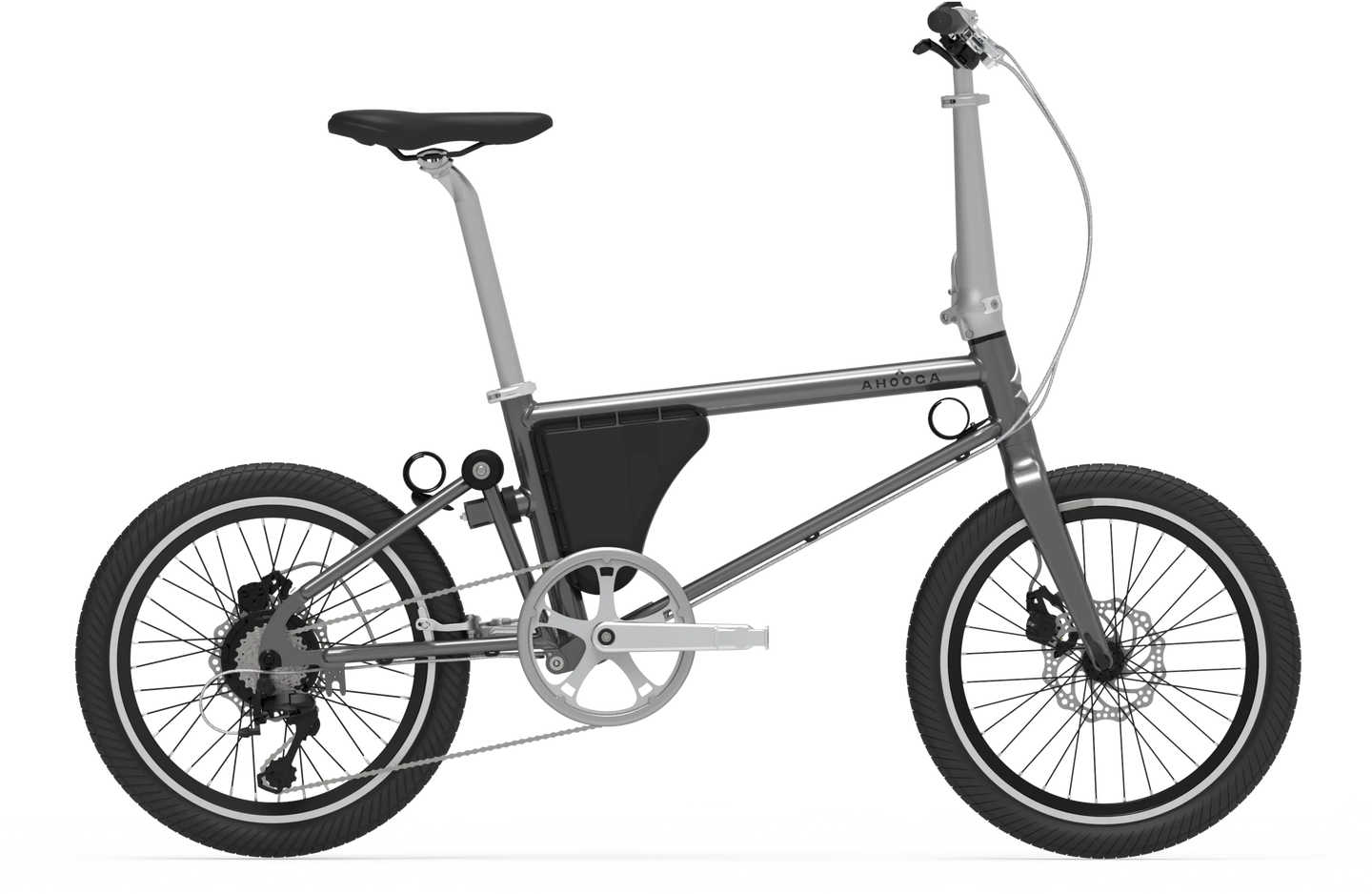 A product image of the Ahooga Power 36V folding electric bike showing the right side of the bike. The bike's frame colour is grey. The Ahooga Power 36V folding electric bike is available to buy from Bleeper.