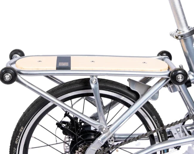 Close-up image of the Ahooga Rear Carrier when it is attached to an Ahooga folding bike.